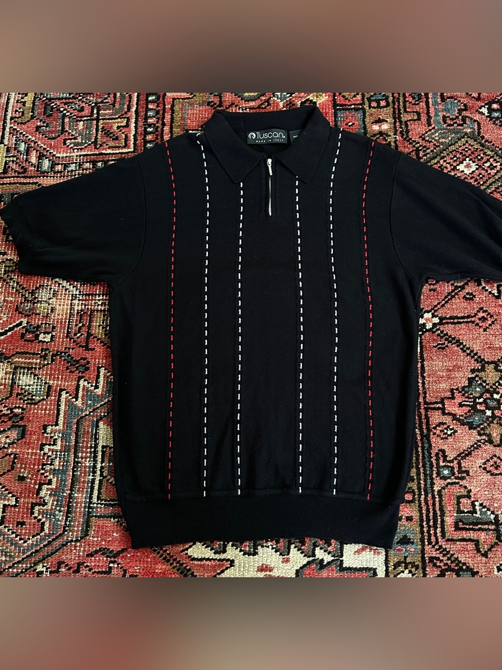 Tuscan Black Polo Knit with Red & White Stitching